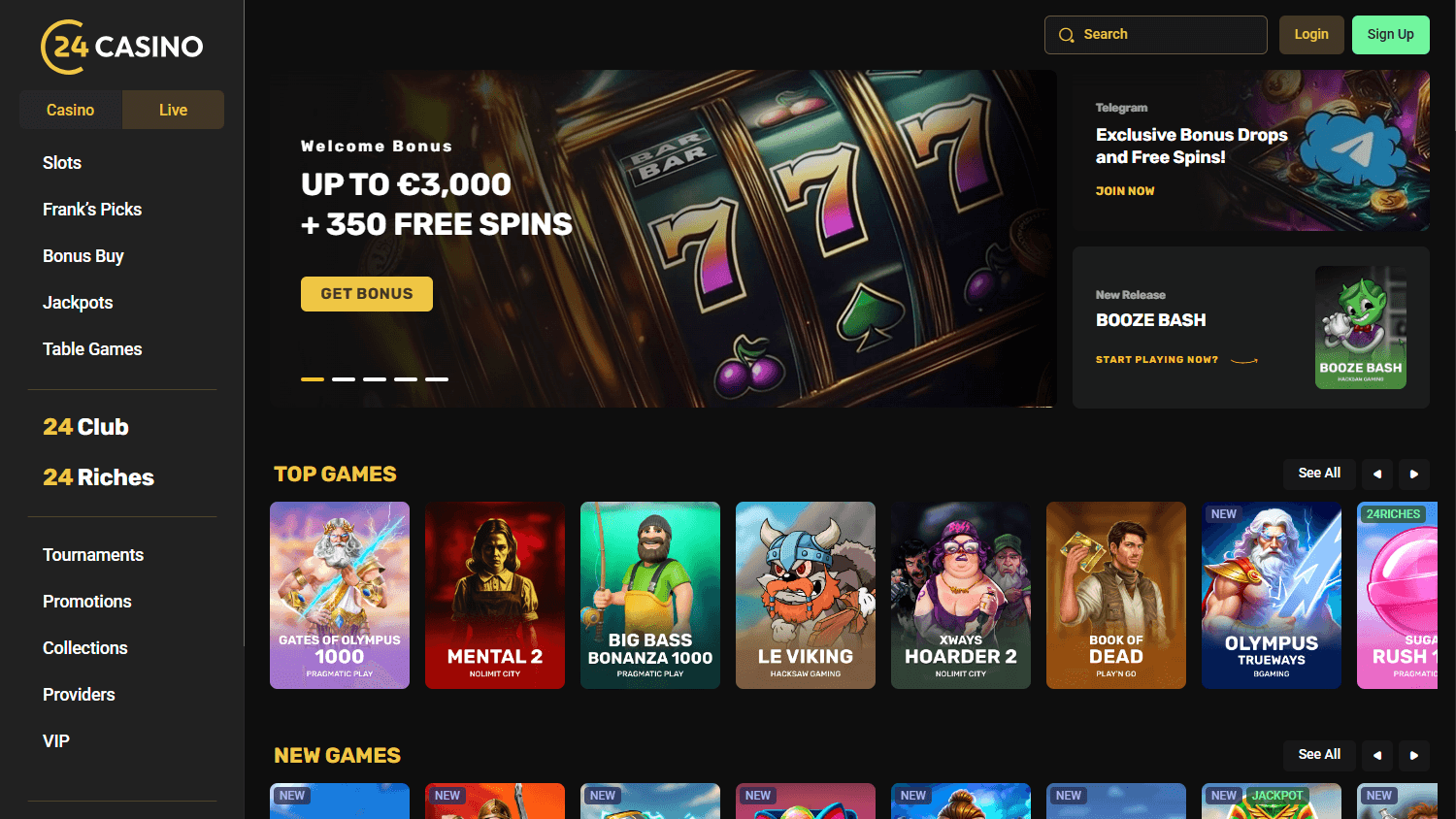 24Casino Ireland homepage — bonus and online casino games categories