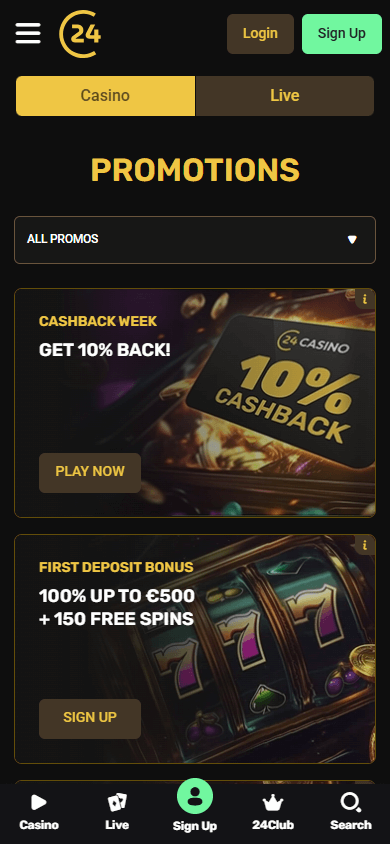 24Casino mobile promotions page