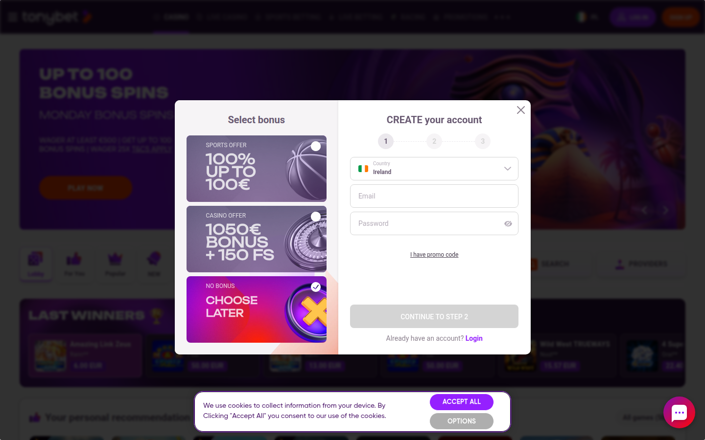 TonyBet Casino Ireland homepage